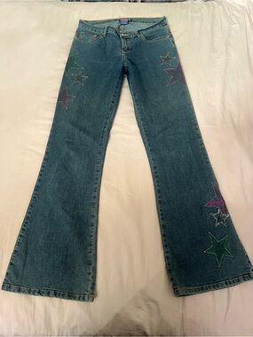 Y2K Bubblegum Blue Denim Flare Jeans with Multicolor Star Appliqués